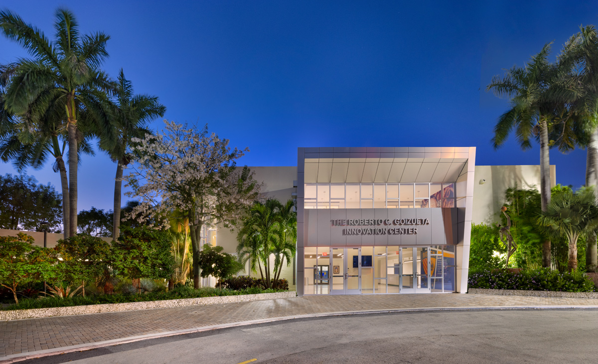Dusk exterior of Belen Jesuit Innovation Ctr in Miami, FL.